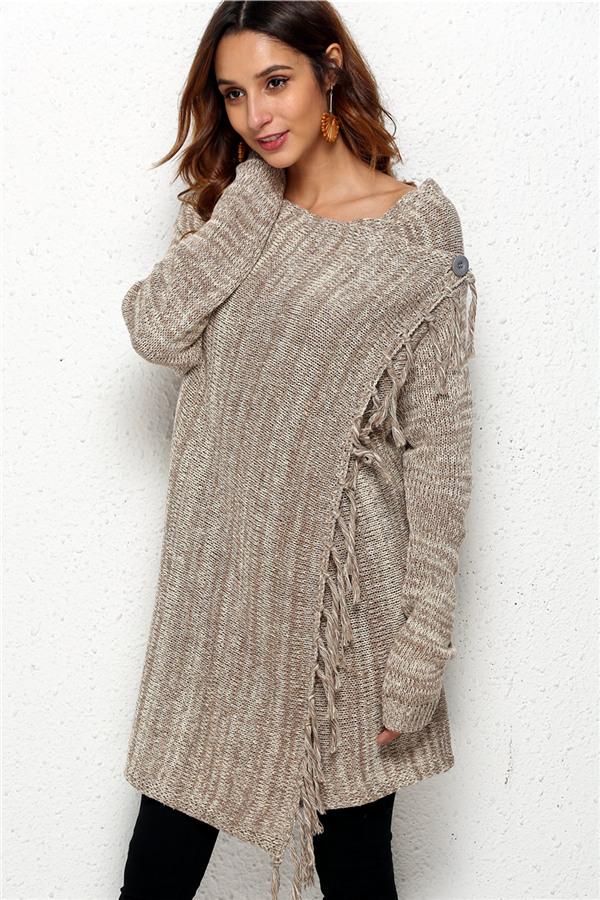 Tassel Asymmetrical Hem Shawl Speckled Fringe Cardigan - Khaki