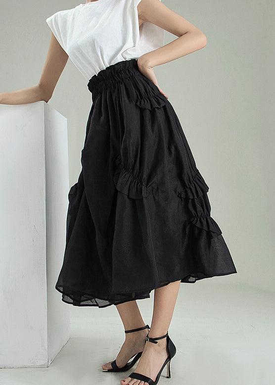 Fine Black Asymmetrical Wrinkled Tulle Skirts Spring