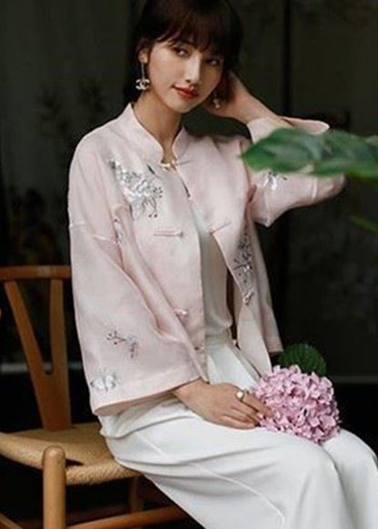 Pink Stand Collar Embroidered Button Top Long Sleeve