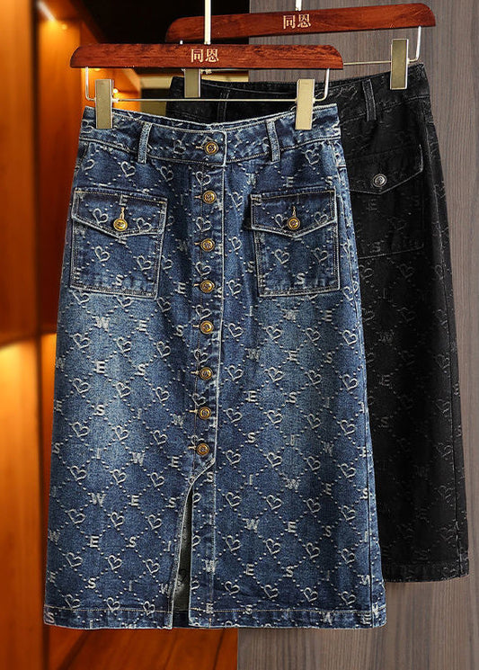Blue Print Patchwork High Waist Denim a Line Skirt Summer