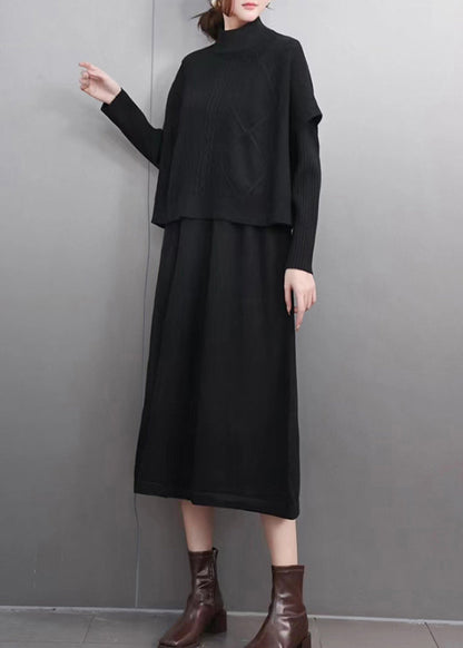 Simple Mulberry Turtleneck Patchwork Cotton Knit Sweaters and Maxi Skirts Two Pieces Set Winter