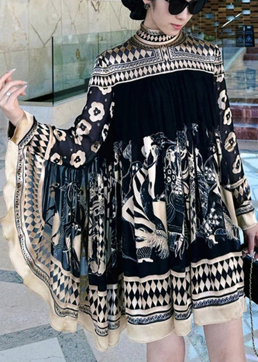 Diy Black Oversized Print Holiday Dress Batwing Sleeve