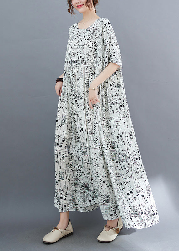 White O-neck Patchwork Wrinkled Party Maxi Dress Short Sleeve