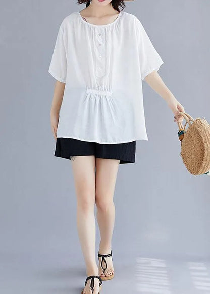 Natural White Cotton Blouse O Neck Half Sleeve Loose Summer Top