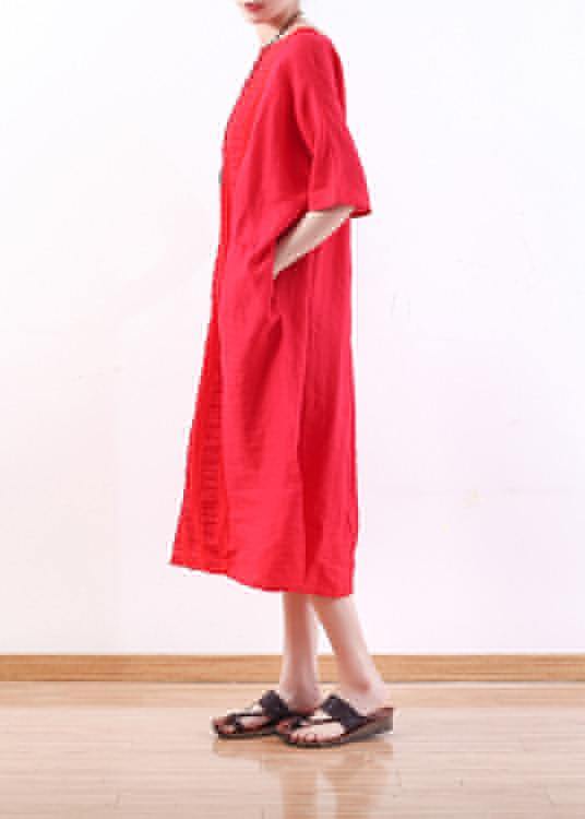 Diy O Neck Half Sleeve Linen Summer Robes Design Red Dresses