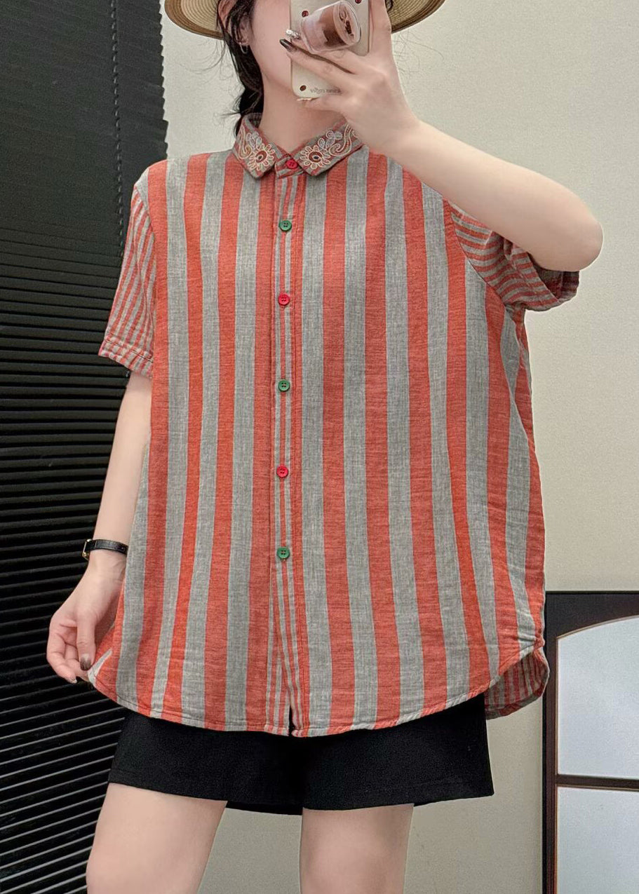 Orange Embroidered Striped Linen Blouses Summer