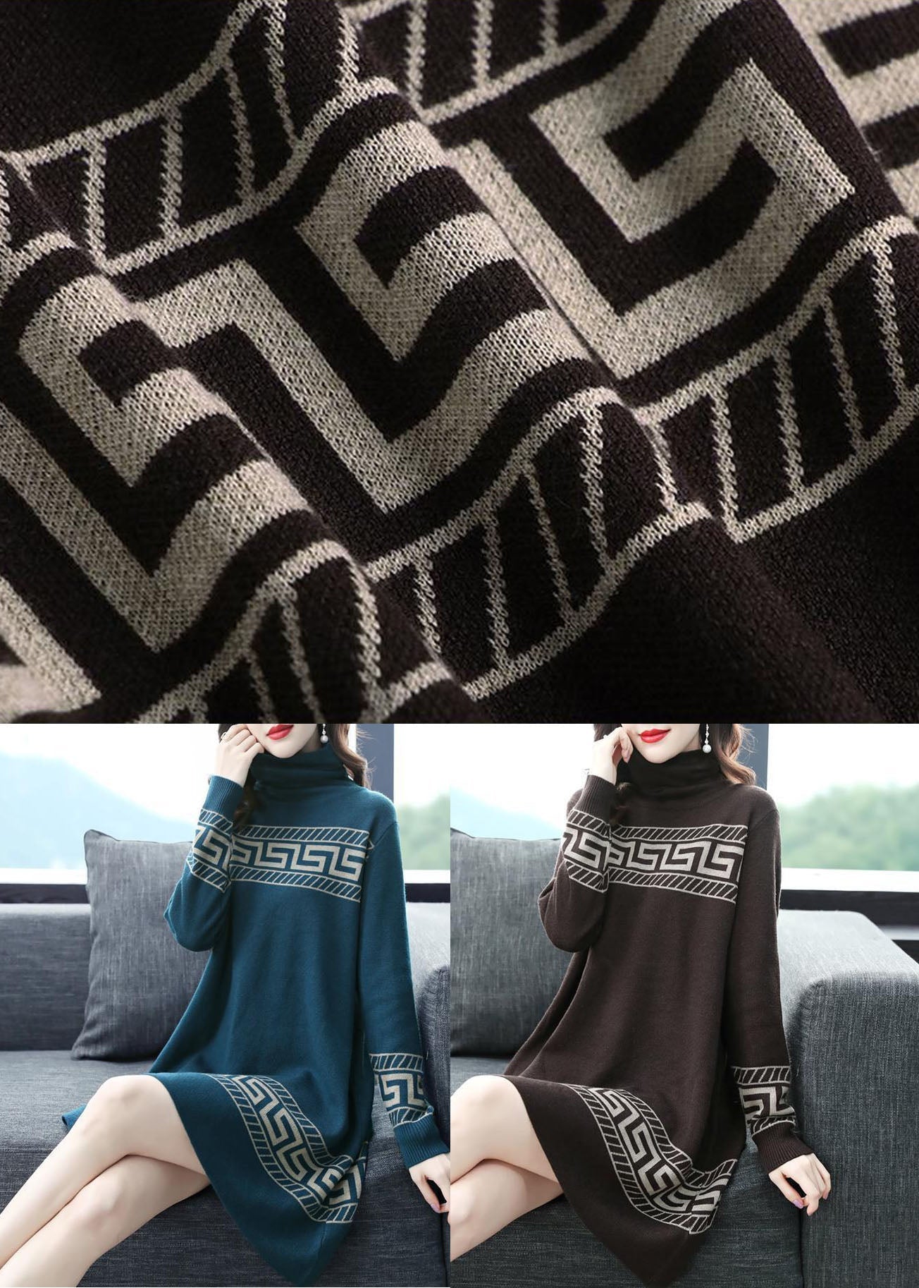 Coffee Print Long a Line Dress Turtle Neck Long Sleeve