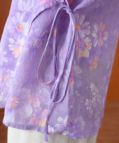 Art O Neck Tie Waist Blouse Wardrobes Purple Print Shirt