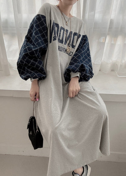 Grey Oversized Patchwork Cotton Sweatshirt Dress Lantern Sleeve