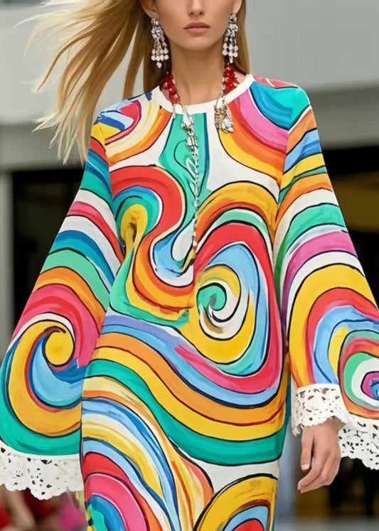 Rainbow Print Patchwork Lace Chiffon Dress Summer