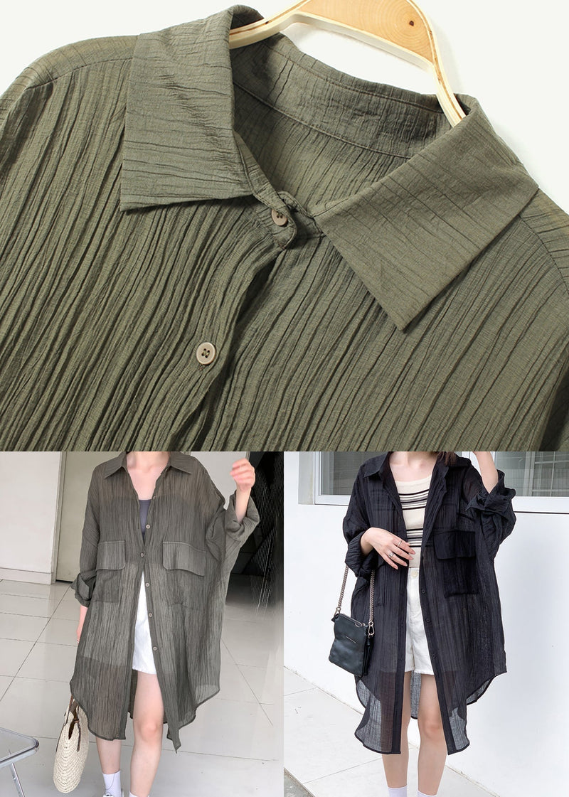 Army Green Button Patchwork Cotton Long Top Fall