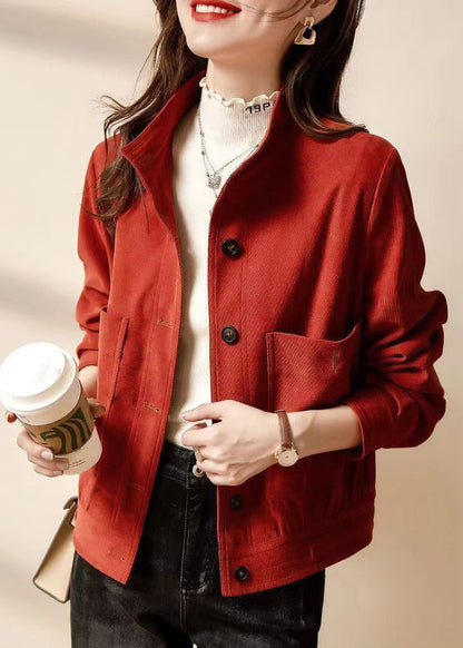 Red Button Pockets Patchwork Cotton Coats Long Sleeve