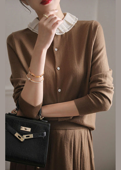 Coffee O-neck Ruffled Patchwork Cashmere Cardigans Spring