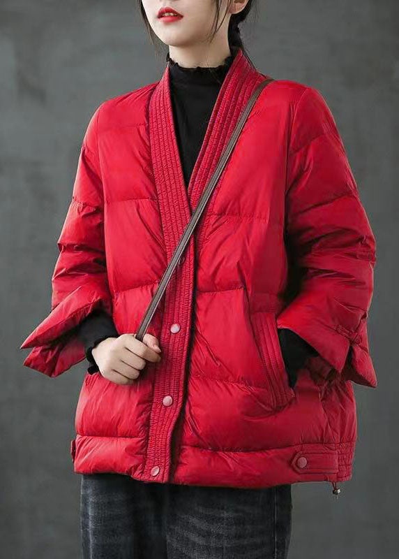 Red V Neck Button Thick Winter Duck Down Jackets
