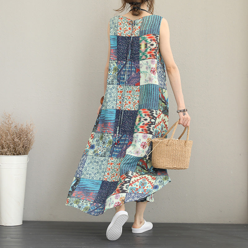 Baggy Patchwork Prints Linen Dresses Loose Fitting Sleeveless Traveling Clothing Big Hem Linen Caftans