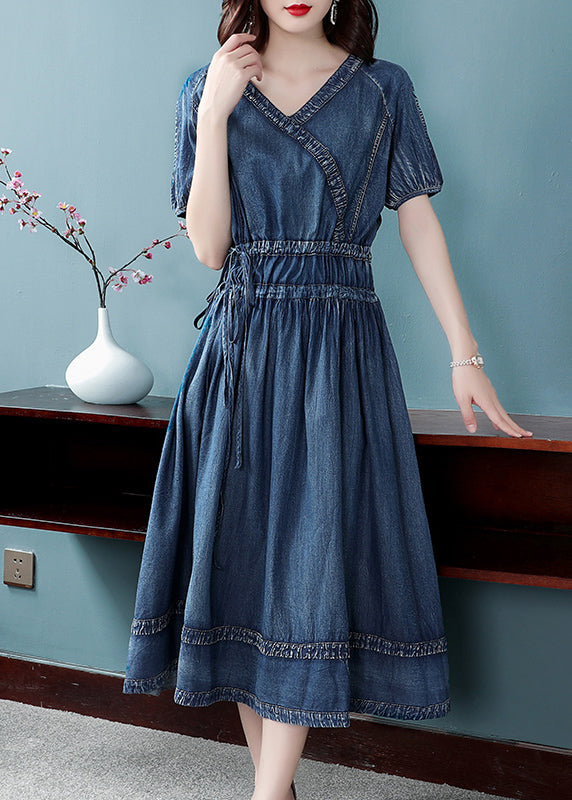 Blue V Neck Patchwork Cotton Denim Pleated Cinch Dress Short Sleeve
