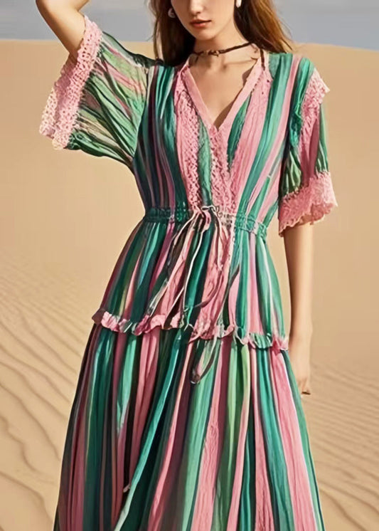 Rainbow Cinched Striped Cotton Holiday Dress Summer