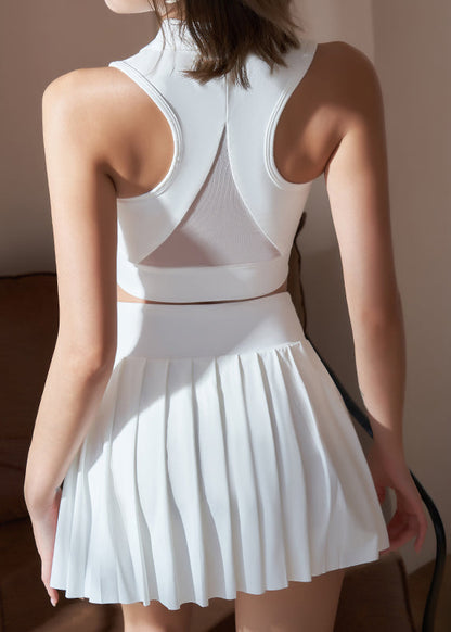 White Tulle Patchwork Sports Bra and Pleated Skirt Set Suit