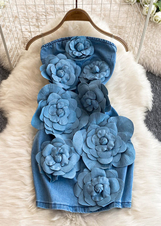 Blue Slash Neck Denim Mid Dresses Summer