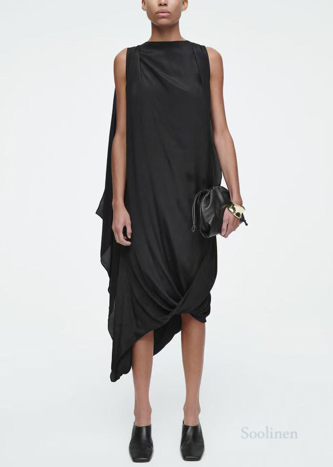 Black Asymmetrical Silk Party Dresses Sleeveless