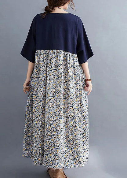 Navy O-neck Print Patchwork Maxi Dresses Half Sleeve