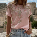 Women's Vintage Pink Flower Embroidery Art Round Neck Short Sleeve Linen Blend T-shirt elevenforest