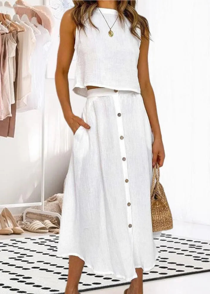 Brief Blue O-neck Top and Maxi Skirts Two Piece Set Summer