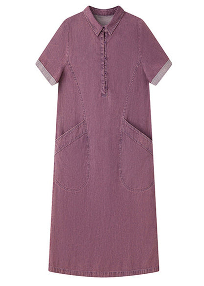 Fitted Purple Peter Pan Collar Pockets Denim Day Dress Summer