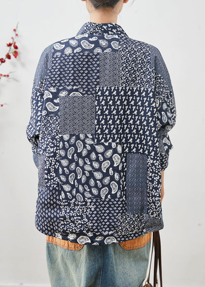 Navy Oversized Print Linen Coat Spring