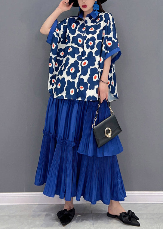 Italian Blue Peter Pan Collar Ruffled Patchwork Print Chiffon Shirts and Skirts Two Pieces Short Sleeve