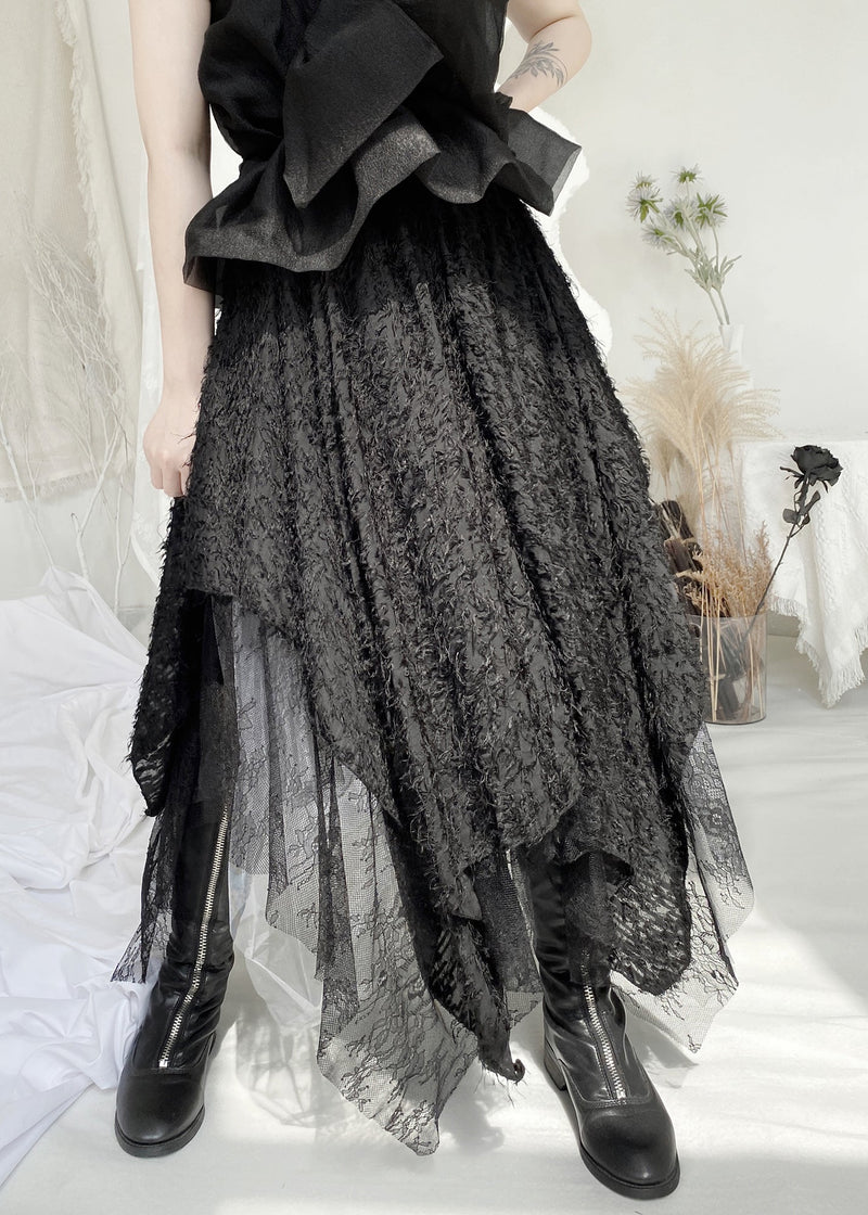 Black Elastic Waist Lace Patchwork Tulle Maxi Skirt Fall