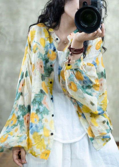 Yellow Print Button Linen Loose Shirts Lantern Sleeve