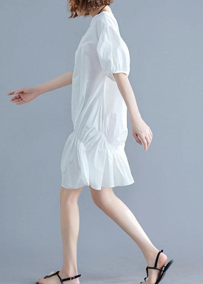 O Neck Lantern Sleeve Cotton Pattern White Dresses