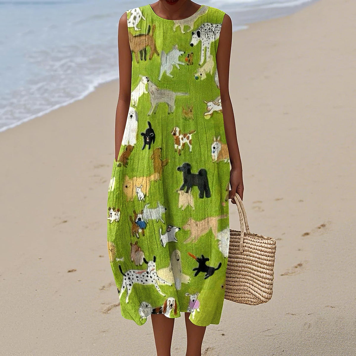 Women's Dog Art Print Crew Neck Tank Midi Dress elevenforest