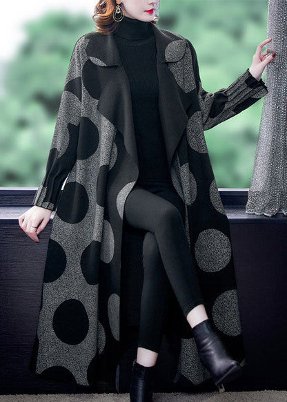 Boutique Black Patchwork Dot Print Loose Fall Long Sleeve Coat