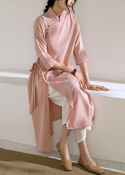 Pink Long Shirts Stand Collar Tie Waist Robe Summer Dresses