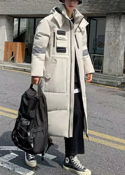 Loose Beige Hooded Pockets Duck Down Down Long Coats Winter