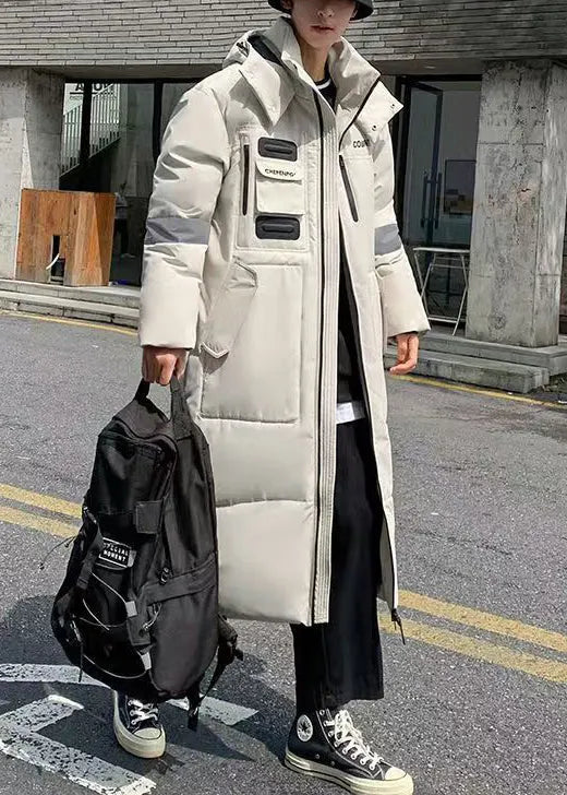 Loose Beige Hooded Pockets Duck Down Down Long Coats Winter