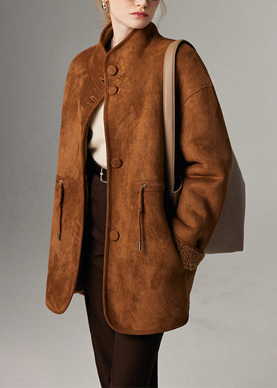 Fine Coffee Stand Collar Pockets Fleece Wool Leather and Fur Lined Coat Winter