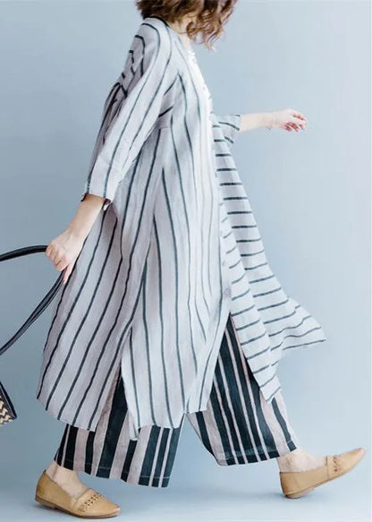 New Gray Striped Linen Dresses Asymmetric Patchwork O Neck Dress