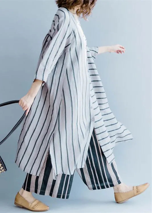 New Gray Striped Linen Dresses Asymmetric Patchwork O Neck Dress