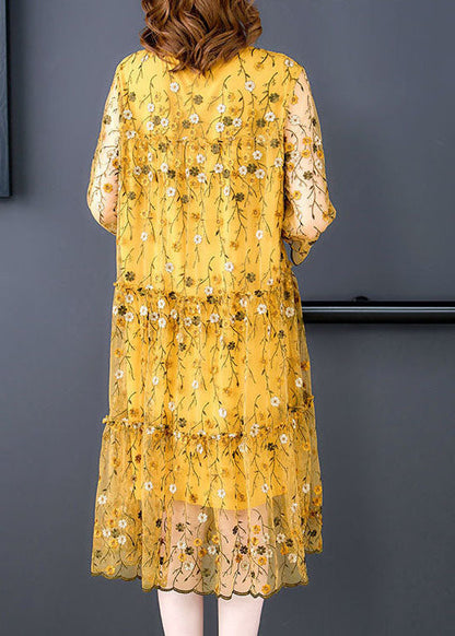 Yellow Tulle Party Dress Embroidered Hollow Out Bracelet Sleeve