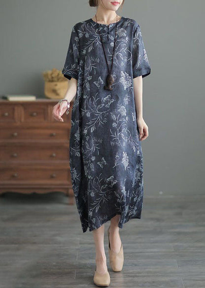 Navy O Neck Print Pockets Patchwork Linen Long Dresses Summer