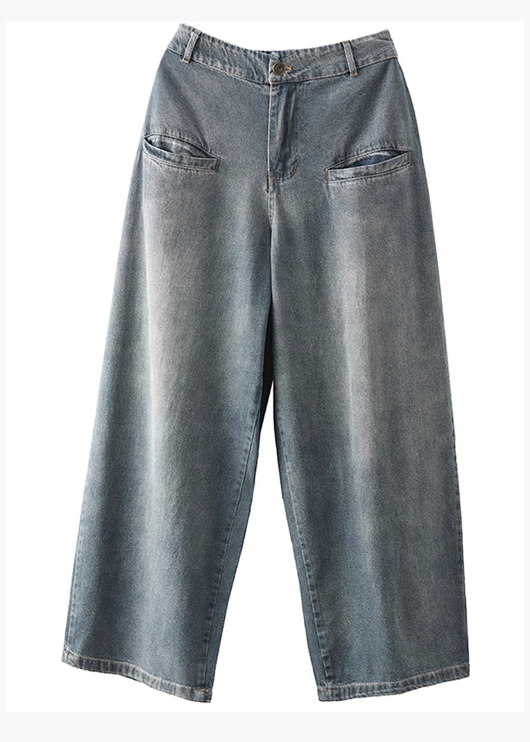 Blue Pockets High Waist Denim Wide Leg Pants Spring