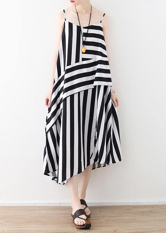 Diy Black Striped Quilting Dresses Spaghetti Strap Asymmetric Dresses