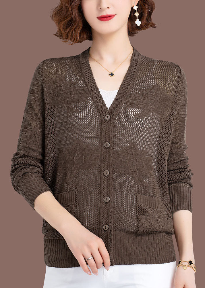 Khaki Hollow Out Embroidered Patchwork Thin Knit Cardigan Fall