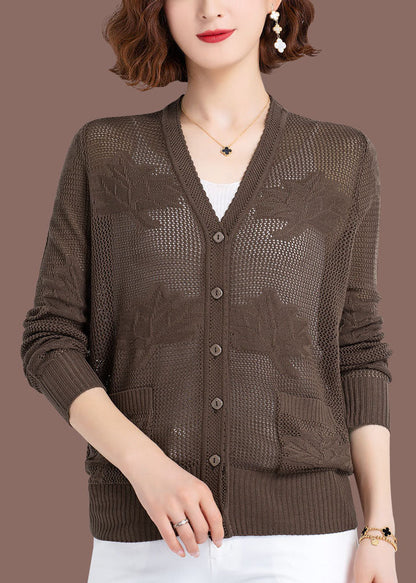 Khaki Hollow Out Embroidered Patchwork Thin Knit Cardigan Fall