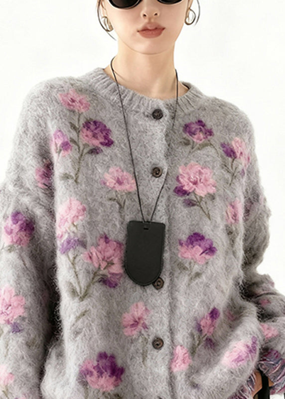 New Purple Print Button Tassel Cotton Knit Cardigans Spring