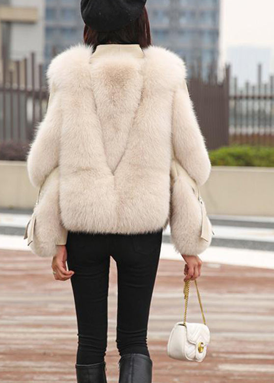 Beige Fox Collar Button Leather and Faux Fur Coats Winter