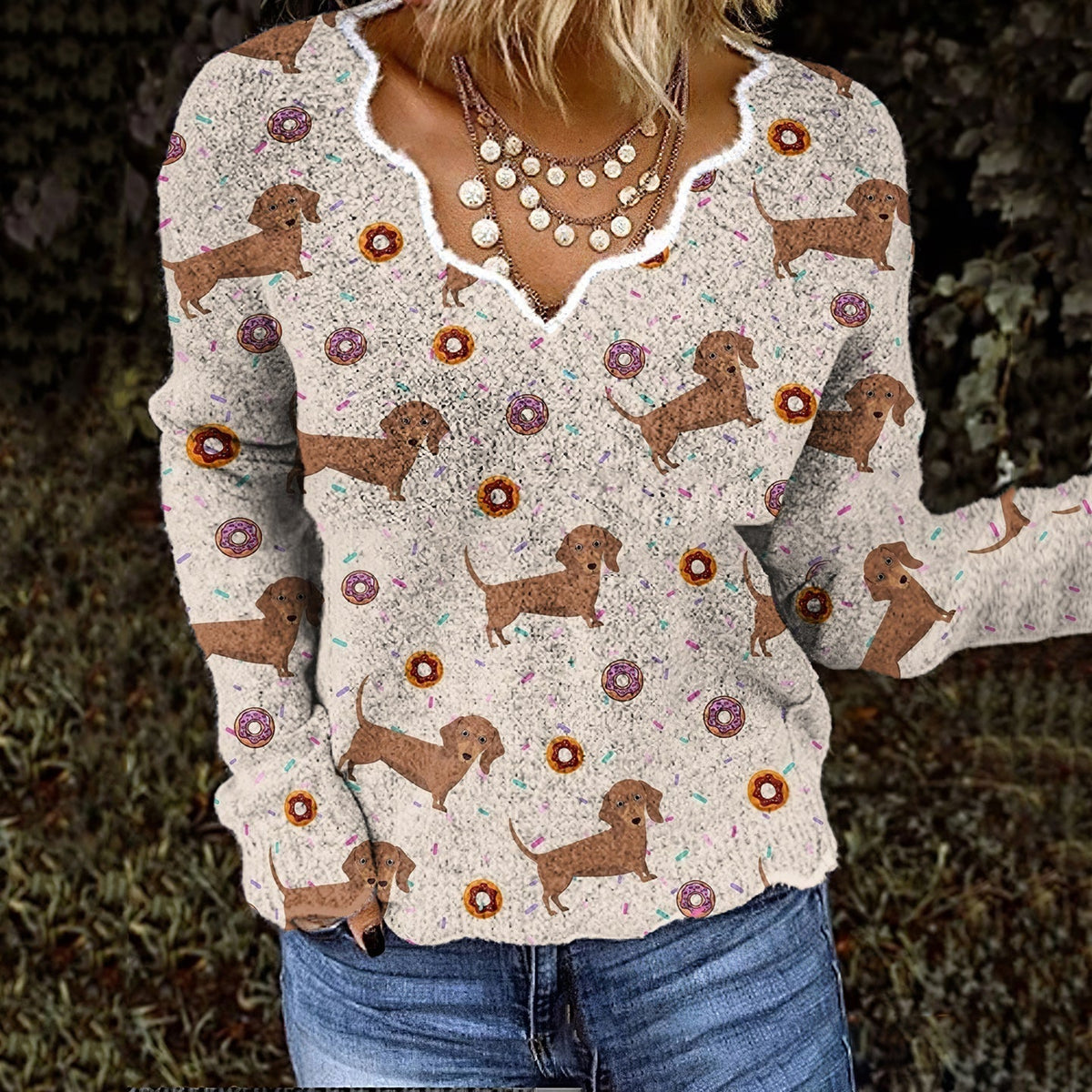 Comstylish Cute Dachshund Print Long Sleeve Casual Knitted Sweater